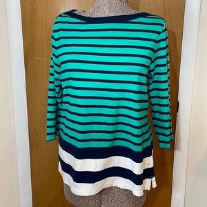 Tommy Hilfiger Womens XL Striped Blouse Boat Neck Green Blue White